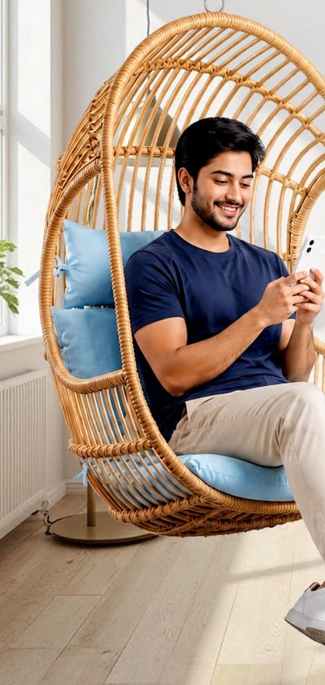A shop owner relaxing in a swing chair, managing bills on his phone