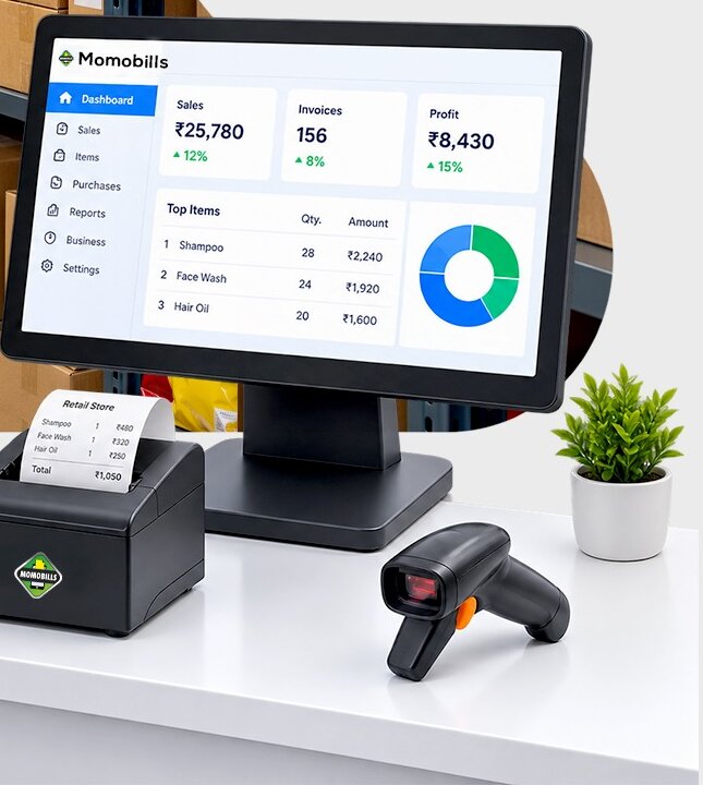 Momobills dashboard on a counter monitor beside a receipt printer and barcode scanner