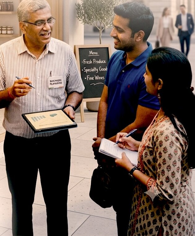 A shopkeeper using a tablet while talking with customers outside his store